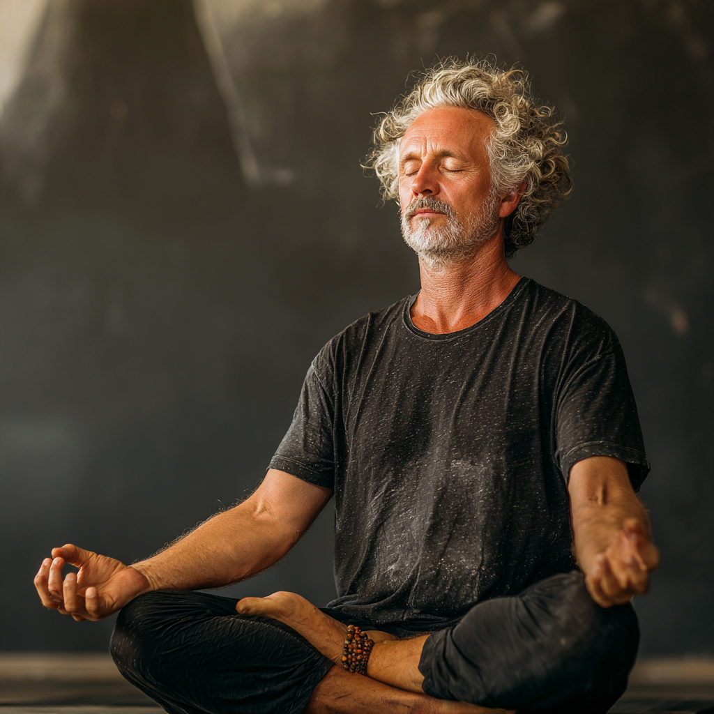 Experienced adult practicing advanced yoga posture with focused concentration