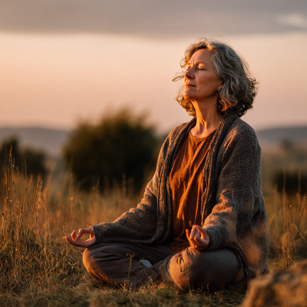 Mature woman practicing peaceful yoga meditation in natural setting