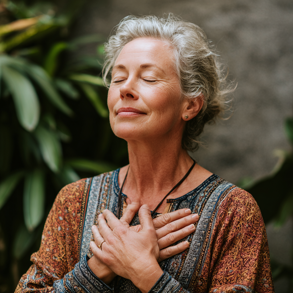Senior practitioner demonstrating mindful yoga breathing technique